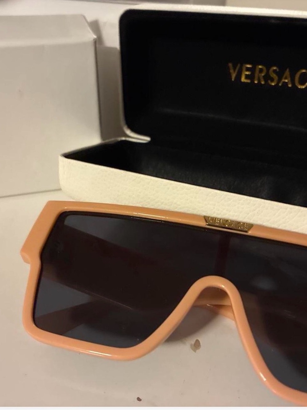 Versace Peach Shield Sunglasses with Dark Lenses